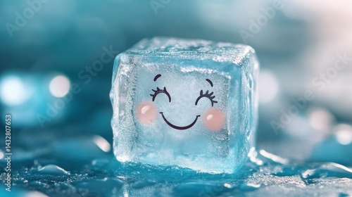 Cute cartoon face drawn on ice cube, playful scene