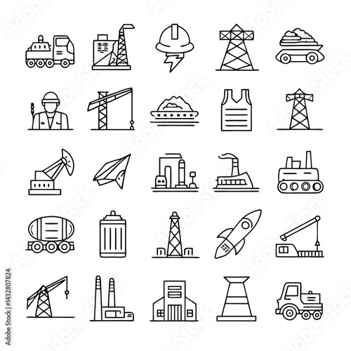 Industrial Sector Icon Pack – 45 Clean Line Style Vector Illustrations Covering Heavy Industry, Aerospace, Shipbuilding, and Production Workflows
