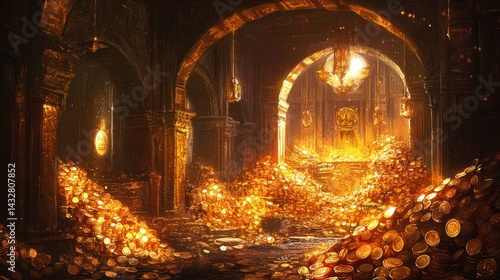 A vast treasure chamber filled with gold coins, illuminated by warm light, within ancient stone arches.