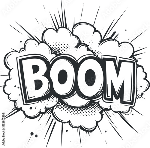 Black and white comic style explosion with the word boom in bold letters