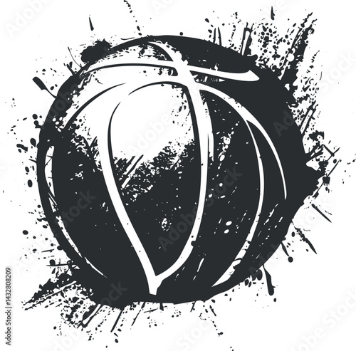 Black and white grunge style basketball illustration with splattered paint texture background