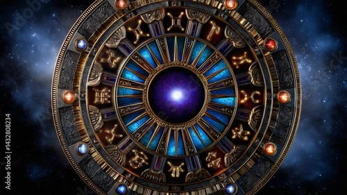 Wallpaper Mural A stunning zodiac wheel spins slowly, showcasing intricate celestial symbols and vibrant colors against a mesmerizing cosmic backdrop that captivates the viewer with its beauty Torontodigital.ca
