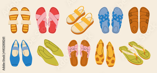 Set of colored summer sandals in cartoon style. Vector illustration of various open summer sandals with straps, low and high platform isolated on white background. Summer cute slippers and sandals