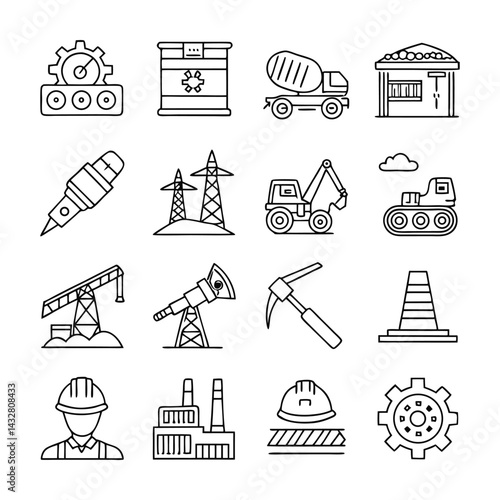 Heavy Industry Outline Icon Set – 16 Linear Style Vector Illustrations with Editable Stroke for Aerospace, Mining, Shipbuilding, and Manufacturing Design