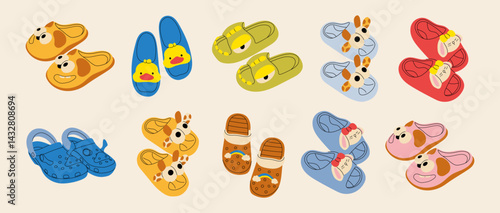 Cartoon women summer colorful shoes. Cute pairs of women shoes, different types, sneakers for girls, summer sandals, espadrilles, house slippers. Stylish modern accessories, fashionable clothes.