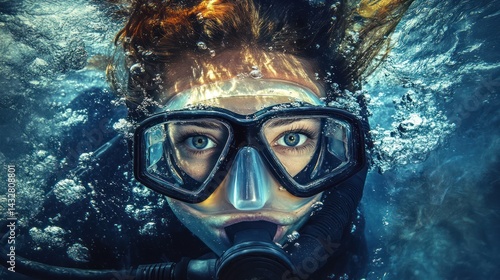 Wallpaper Mural Underwater close-up of a scuba diver's face, bubbles surrounding her. Torontodigital.ca