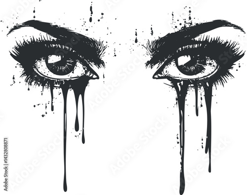 Black and white artistic illustration of female eyes with dripping tears and grunge paint effect