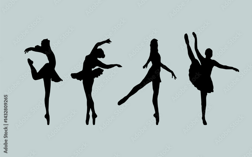 Fototapeta premium Ballet Dancing Silhouettes. Dance ballet silhouettes. Dancer woman people. Female ballerina recital silhouette. Set of dance ballet silhouette illustrations. Female ballet dancing