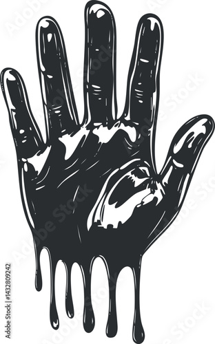 Illustration of a black dripping hand with glossy liquid effect isolated on white background