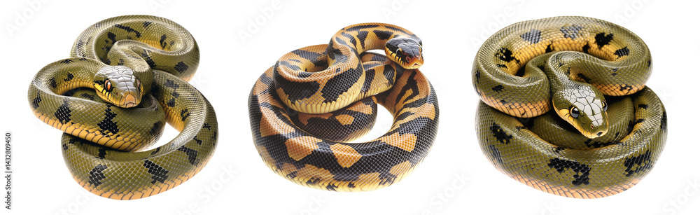 Coiled yellow and black patterned snake, isolated on white transparent background, reptiles or wildlife, symbolizing Chinese Lunar New year