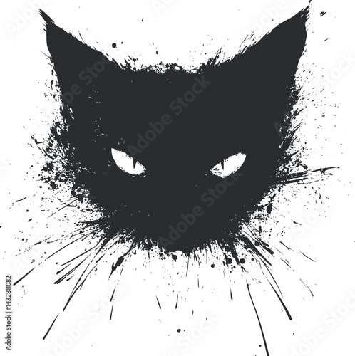 Black cat face silhouette with paint splatter effect creating a mysterious and artistic animal portrait