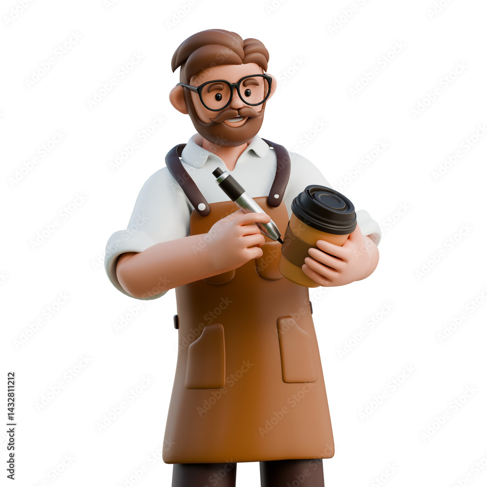 A 3D character representing a barista holding a pen and cup, ideal for cafe-related content. A 3D character representing a barista holding a pen and cup, ideal for cafe-related content.
