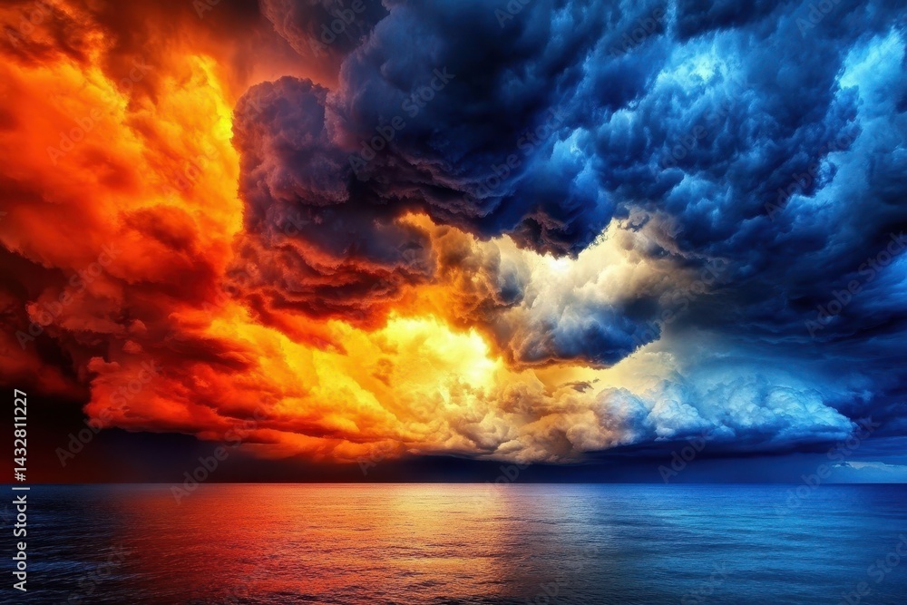 Fiery and stormy clouds over the sea Fiery and stormy clouds over the sea