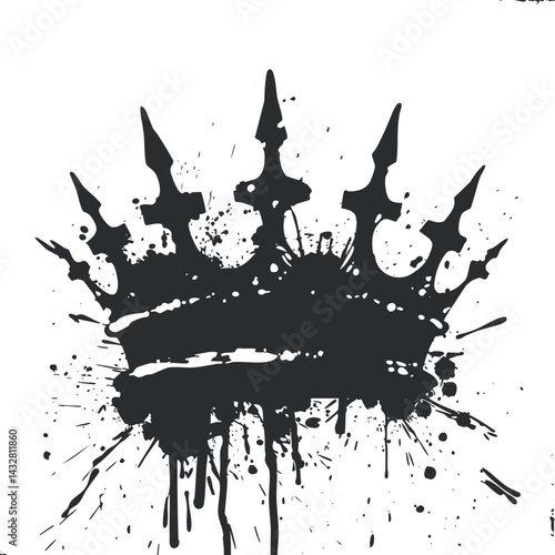 Black grunge crown silhouette with paint splatter effect isolated on white background