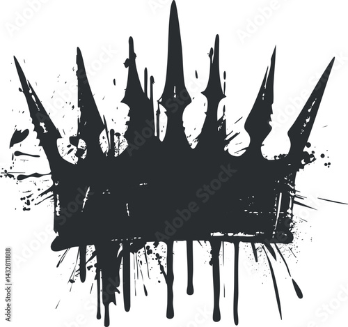 Black grunge crown silhouette with paint splatter and dripping ink design isolated on white