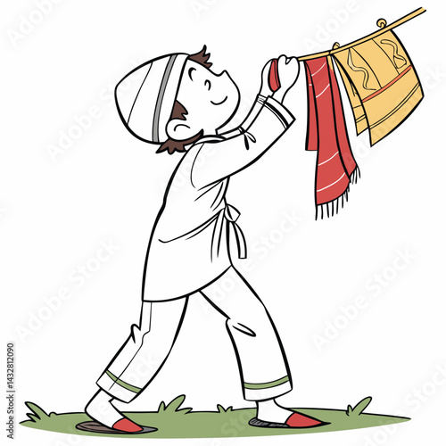 Child hanging clothes on a clothesline