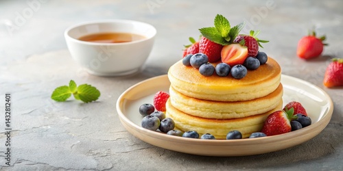 A bowl of Japanese-style souffle pancakes with a light and fluffy texture, served with a side of fresh fruit and a drizzle of honey, honey, presentation
