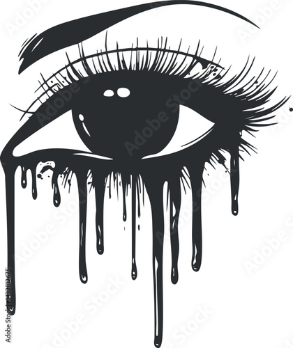 Black and white illustration of an eye with long eyelashes and dripping liquid resembling tears or makeup.