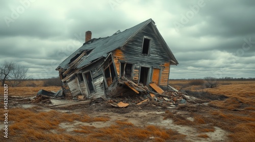 Abandoned, dilapidated farmhouse in a field under a stormy sky
