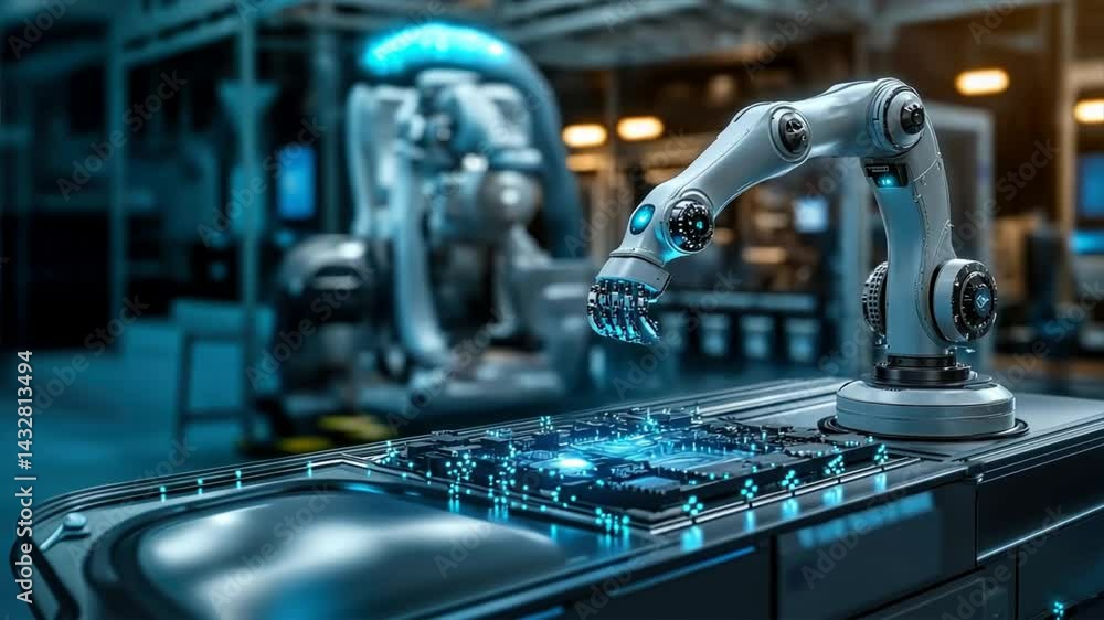 A robotic arm with a digital interface positioned on an industrial ...