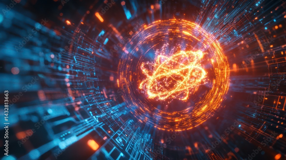 Fototapeta premium Atom explosion with blue grid background illustrating science research design