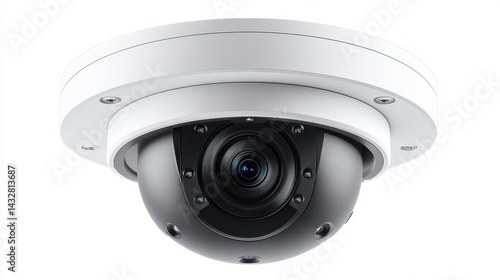 Modern dome security camera is mounted on white ceiling indoors. This is used to deter crime with visual surveillance system.