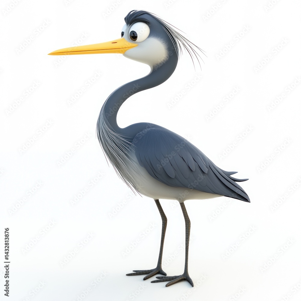 Fototapeta premium cute cartoon Grey Heron character 3D render isolated on white background 