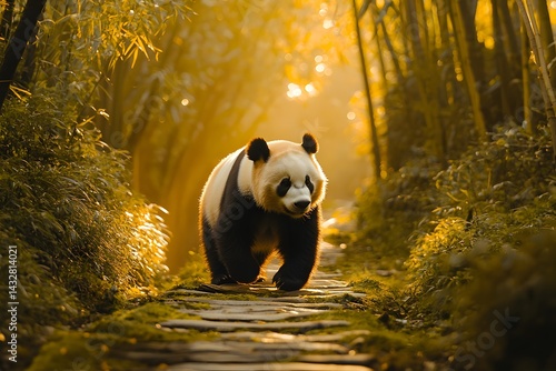 A panda walking on a stone path through a bamboo forest with golden sunlight shining through trees