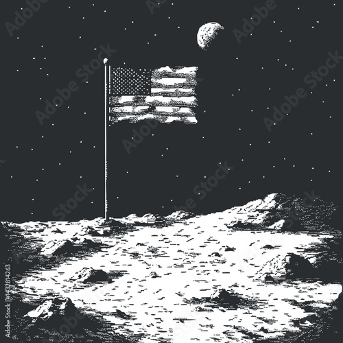 Black and white illustration of American flag planted on the moon surface with stars and Earth in the background representing space exploration