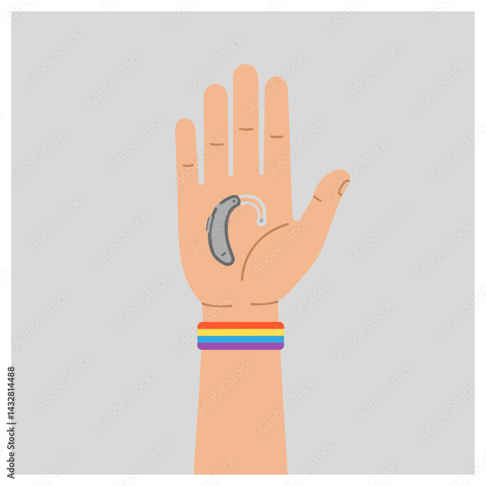 Fototapeta premium Hand with Hearing Aid and Rainbow Bracelet Against Gray Background 