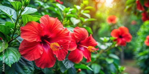 Wallpaper Mural Exotic red hibiscus flowers blooming in a lush tropical garden amidst green leaves and vines, vibrant, outdoor Torontodigital.ca