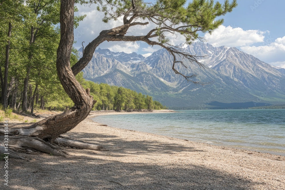 Scenic lake beach with mountain backdrop