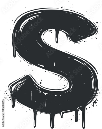 Stylized black letter S with dripping paint effect, graffiti typography design isolated on white background