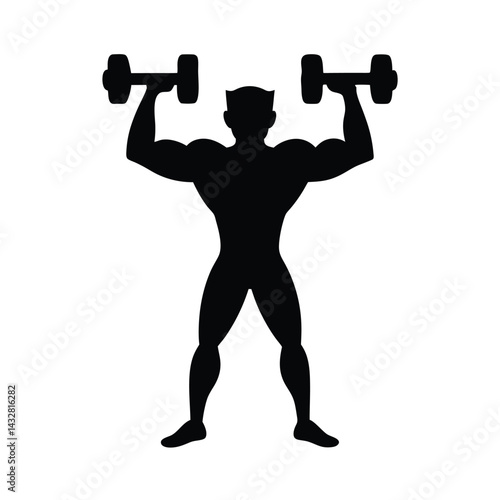 Black Silhouette of Man Overhead Press Weightlifting Pose