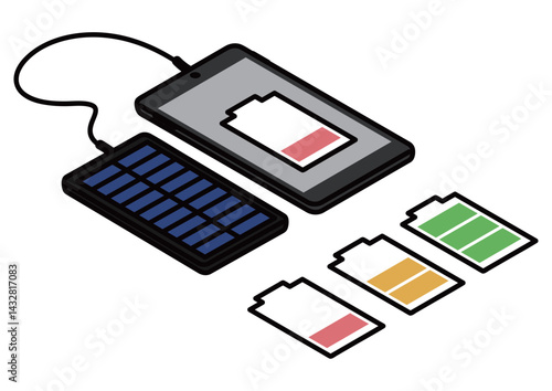 スマホ充電とバッテリー残量アイソメイラスト