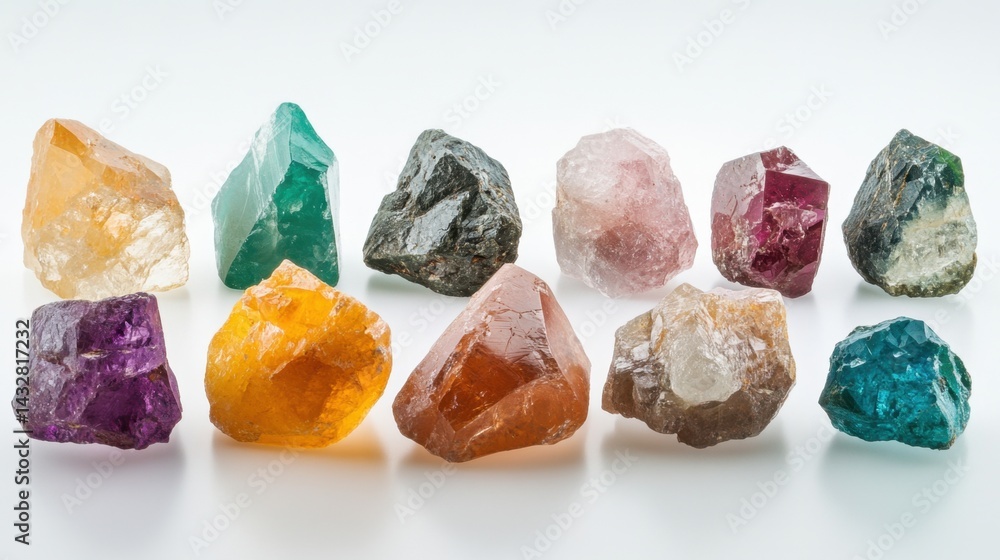 Collection of vibrant loose gemstones in bright lighting on white background for catalog display Collection of vibrant loose gemstones in bright lighting on white background for catalog display