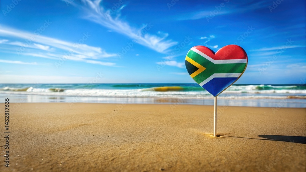 Obraz premium Colorful heart-shaped South African flag waving on the beach during National Day celebration with vibrant blue and green background , Celebration, VibrantColors