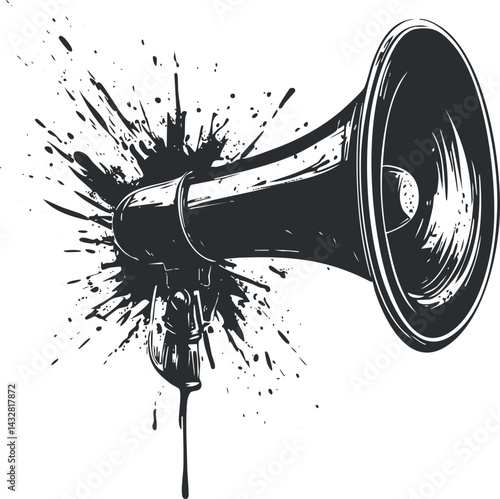 Black and white retro illustration of a megaphone with grunge paint splatter background