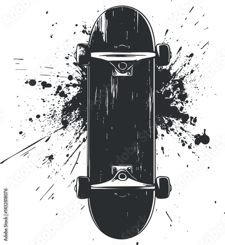 Black and white illustration of a skateboard with splatter grunge background for urban sport design.
