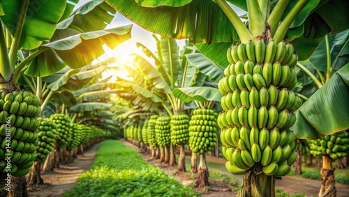 Close-up shot of green tropical banana fruits growing on a lush banana plantation with mature plants and vibrant foliage surrounding them , bananas, close-up