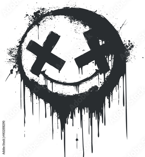 Grunge style black paint smiley face with dripping effect and X-shaped eyes on white background