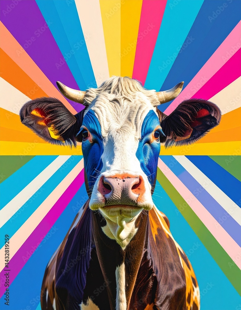 Creative cow close-up with bold face paint against a radiating, colorful pop art background, perfect for modern advertising or graphic design.