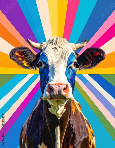 Obraz na płótnie Creative cow close-up with bold face paint against a radiating, colorful pop art background, perfect for modern advertising or graphic design. w salonie