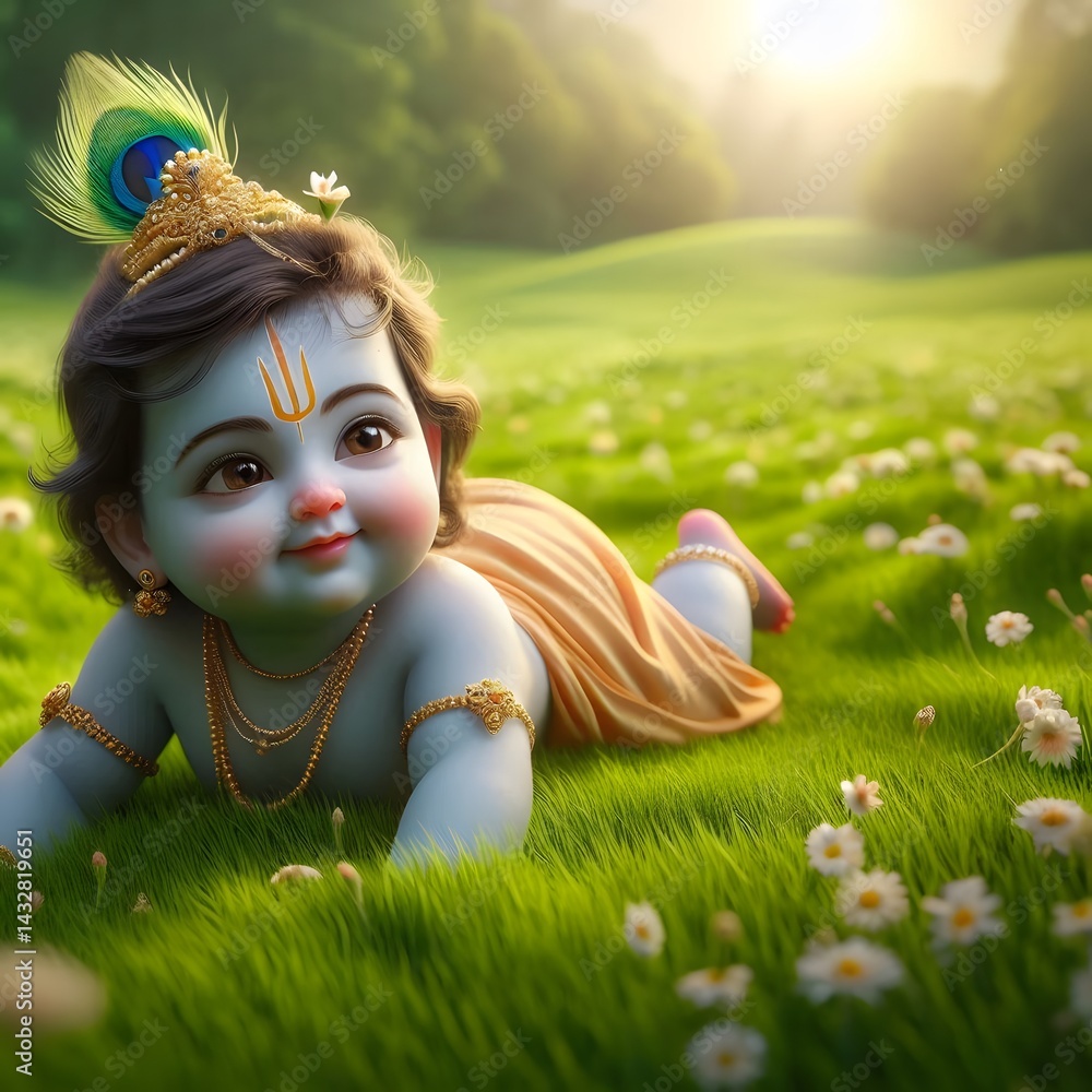 baby Krishna crawls playfully on a lush green meadow,