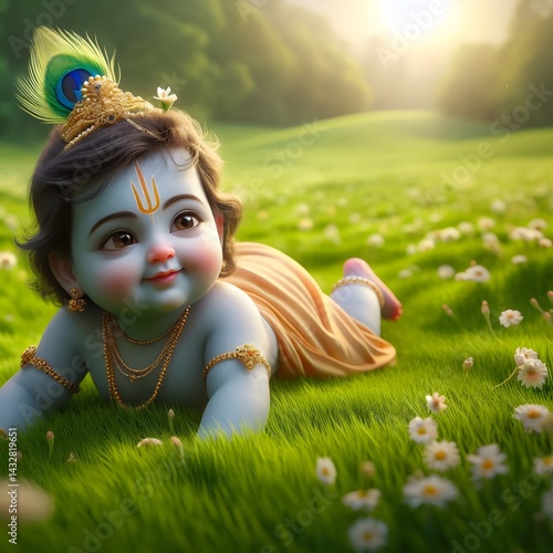 Obraz na płótnie baby Krishna crawls playfully on a lush green meadow, w salonie
