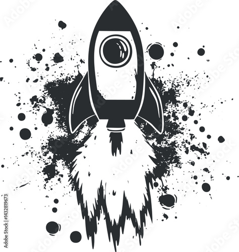 Black and white illustration of a rocket launching with fiery blast and splattered background