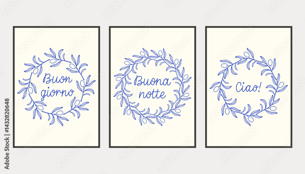 Naklejka premium La dolce vita doodles placard or poster set with simple branches. Vector illustration of italian style hand drawn posters. Wall art prints decor. Illustration for invitations, menus design.