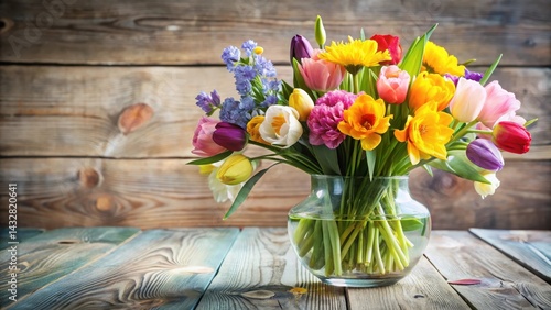 Wallpaper Mural Beautiful bouquet of colorful flowers in a elegant glass vase on a wooden table , spring flowers, floral arrangement Torontodigital.ca