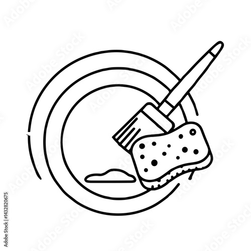Cleaning dish with a sponge and brush against a circular plate  