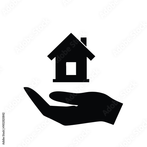 Hands Holding House Silhouette – Housing Protection and Care Icon in Black and White